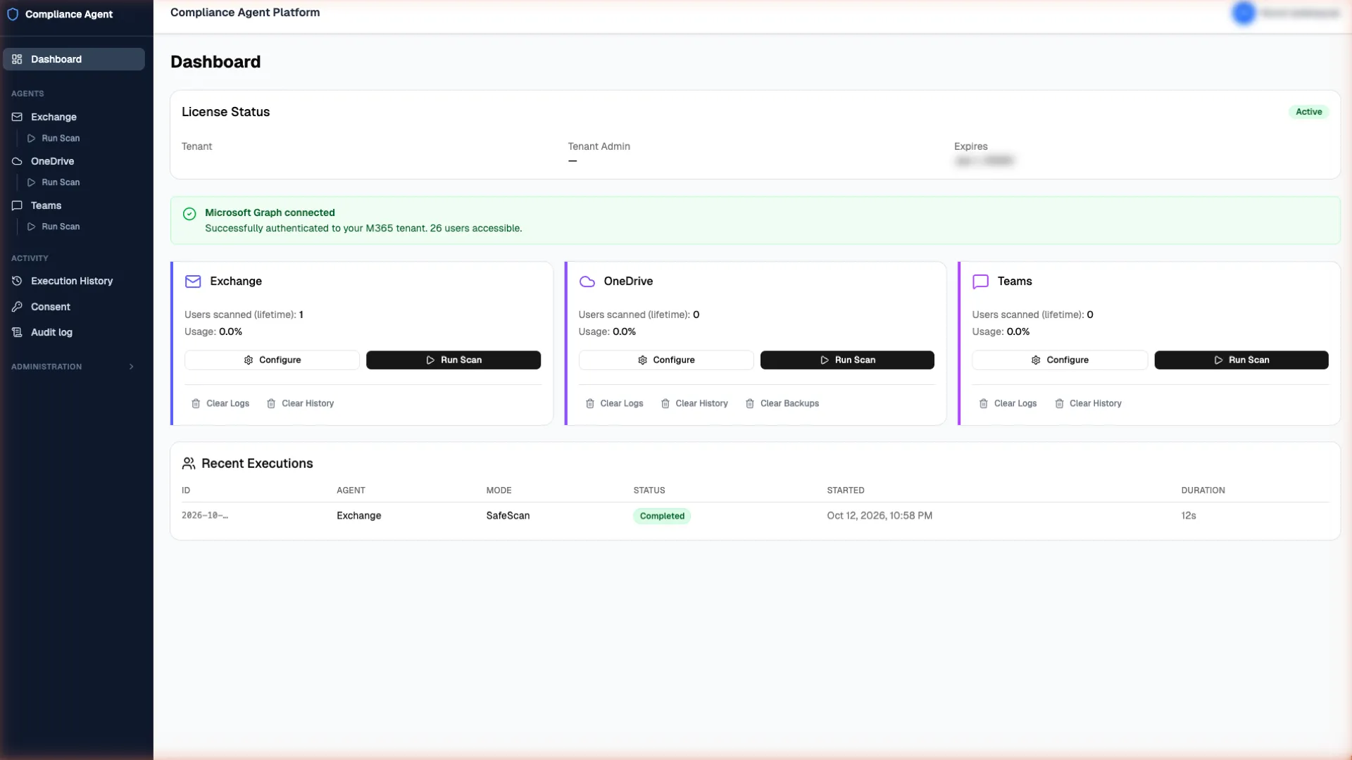 Compliance Manager dashboard showing the licence status card, the Exchange Online, OneDrive and Teams agent cards and the most recent execution.